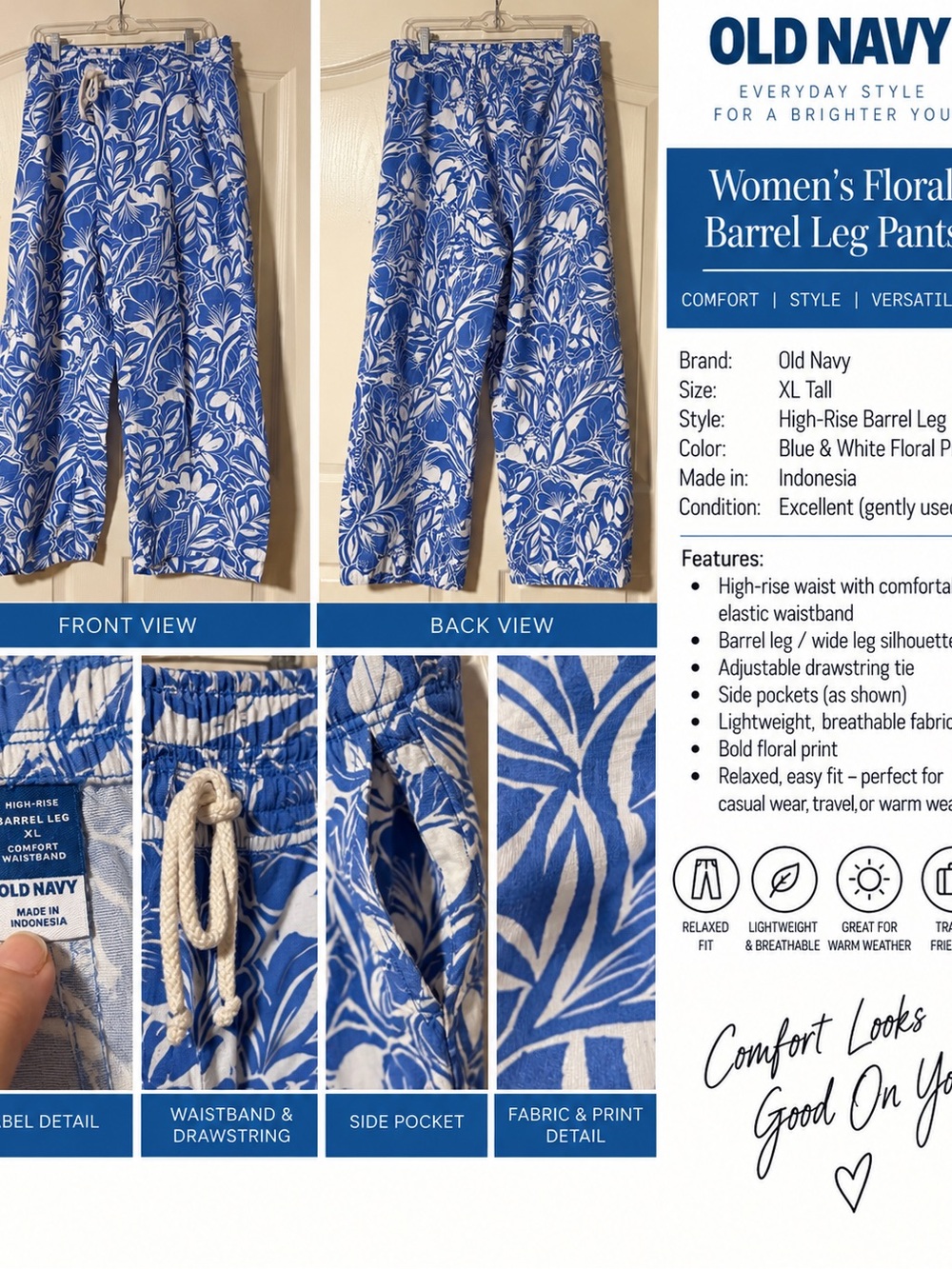 Old Navy Blue & White Floral Wide-Leg Pants